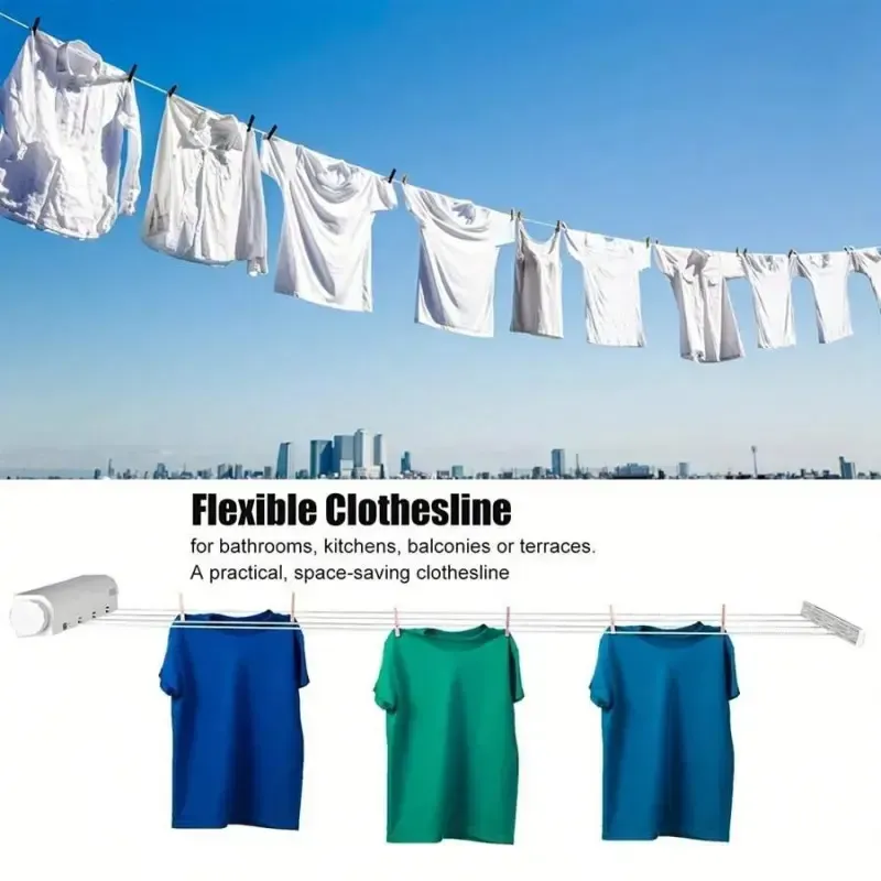Retractable 5-Line (3.7m) Clothes Dryer with Hooks – Spring-loaded, drill-free wall-mounted design suitable for drying children's clothing and towels.