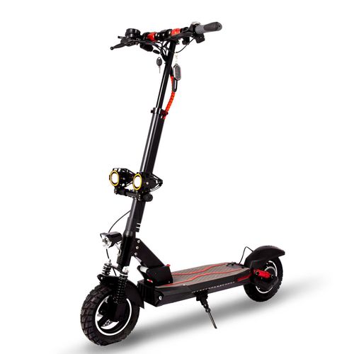 Foldable electric scooter for adults featuring dual suspension, a seat, and a carrying handle.
