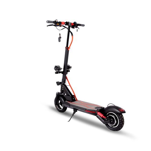 Foldable electric scooter for adults featuring dual suspension, a seat, and a carrying handle.
