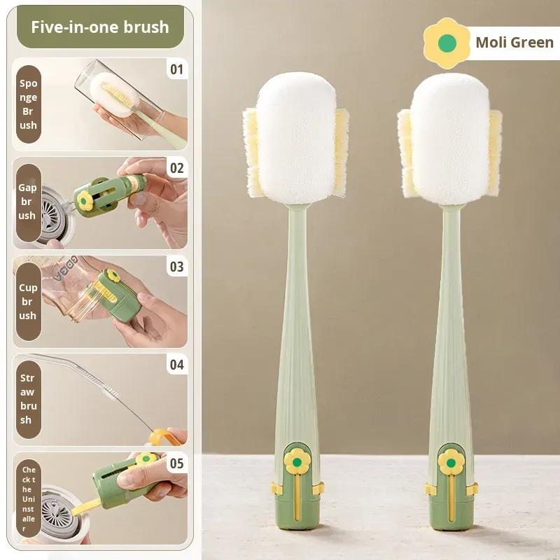 (Pack of 2) 5-in-1 Multifunctional Long-Handled Brush – Ultimate Tool for Cleaning Water Bottles, Thermos Flasks, and Baby Bottles