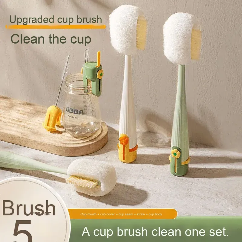 (Pack of 2) 5-in-1 Multifunctional Long-Handled Brush – Ultimate Tool for Cleaning Water Bottles, Thermos Flasks, and Baby Bottles