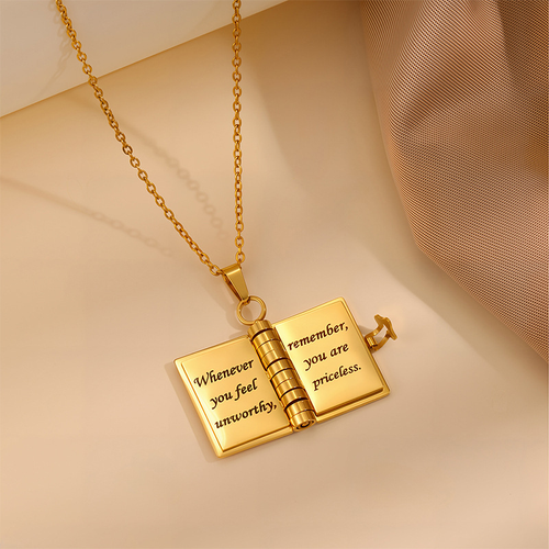 Book Pendant Necklace for Son, Engraved Inspirational Message Letter Necklace, Stainless Steel Sentimental Keepsake Gift for Son
