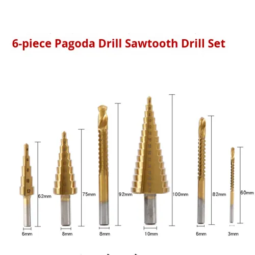 6Pcs Titanium‑Coated Step Drill Bit Set, Sawtooth Drill Bits, Wood Hole Cutter Reaming Slotting Drill Bits with Plastic Storage Case