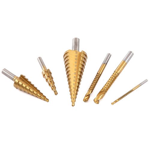 6Pcs Titanium‑Coated Step Drill Bit Set, Sawtooth Drill Bits, Wood Hole Cutter Reaming Slotting Drill Bits with Plastic Storage Case