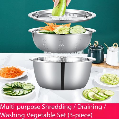 3-in-1 Stainless Steel Vegetable Grater Set with Strainer & Washing Bowl – Multi-Function Kitchen Tool