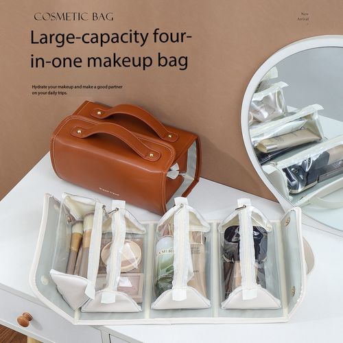 2026 New 4-in-1 Detachable Foldable Makeup Bag Large Capacity Travel Cosmetic Organizer PU Leather Toiletry Bag with 4 Clear Removable Pouches for Women Nigeria