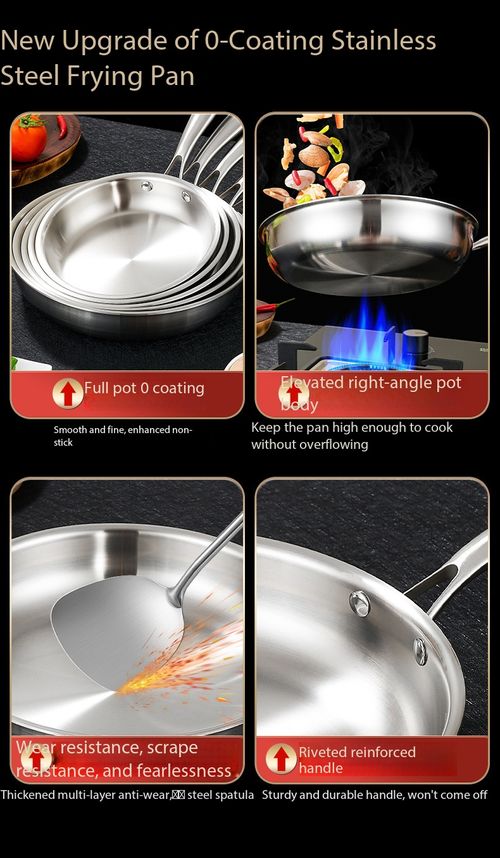 3 Pack Coating-Free Stainless Steel Frying Pan, Non-Stick Flat Skillet, Works on All Stoves for Home Cooking