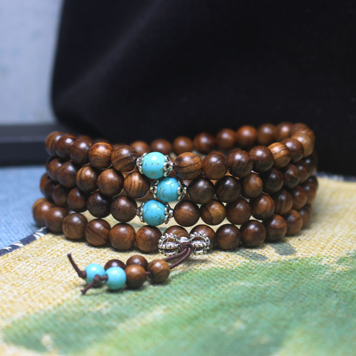 108 Black Rosewood Buddhist Prayer Beads Bracelet Natural Wood Mala Necklace Turquoise Spacer Beads Unisex Meditation Jewelry Nigeria