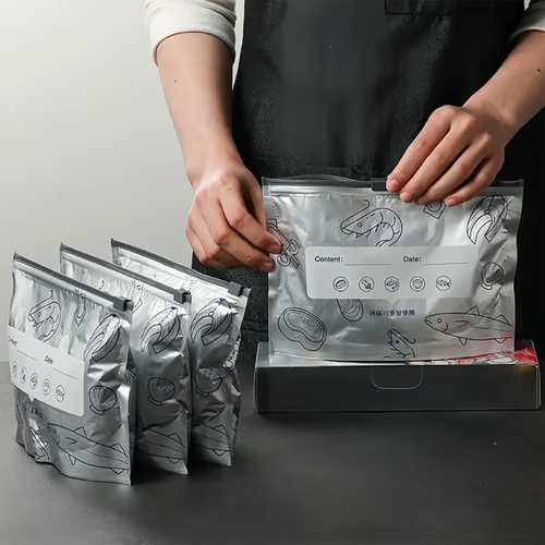 Reusable Aluminum Foil Sealable Storage Bags, 2026 New Resealable Vacuum Zipper Pouches for Food, Stand Up Foil Sealable Bags with Label and Zip Lock for Vegetable Fruit Meat