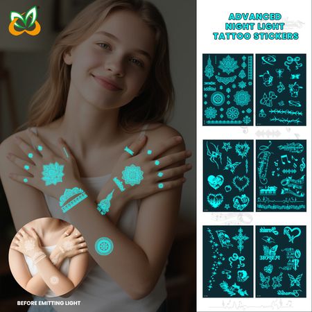 New Source Blue Luminous Henna Tattoo Temporary White Blue Luminous Tattoo Arm Waterproof Sticker