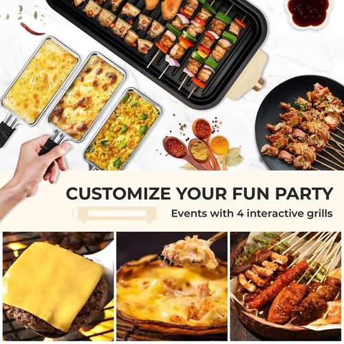 Party Must Have 1500W White Smokeless Electric Grill Non-Stick Griddle + 3 Raclette Pans Perfect for Steaks Seafood & Feasts Use Indoors & Out