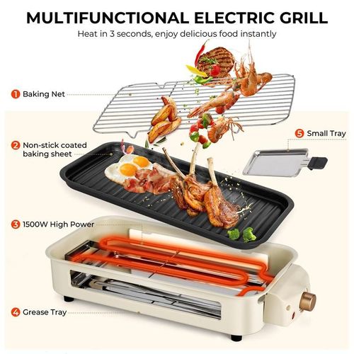 Party Must Have 1500W White Smokeless Electric Grill Non-Stick Griddle + 3 Raclette Pans Perfect for Steaks Seafood & Feasts Use Indoors & Out