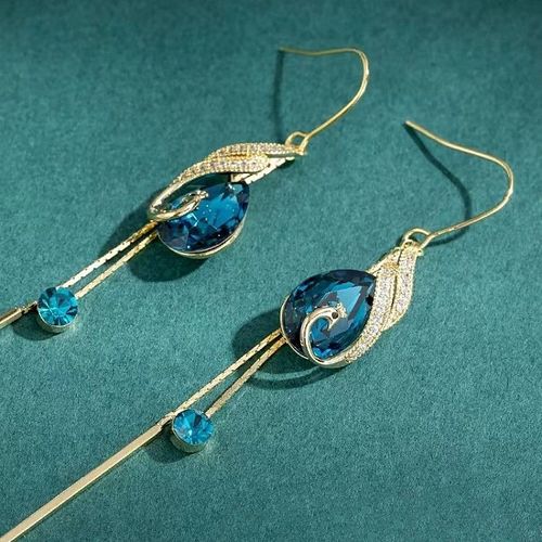 ✨Elegant Super Fairy Blue Crystal Earrings🦚Long Tassel Peacock Phoenix Stylish Temperament Ear Ornaments