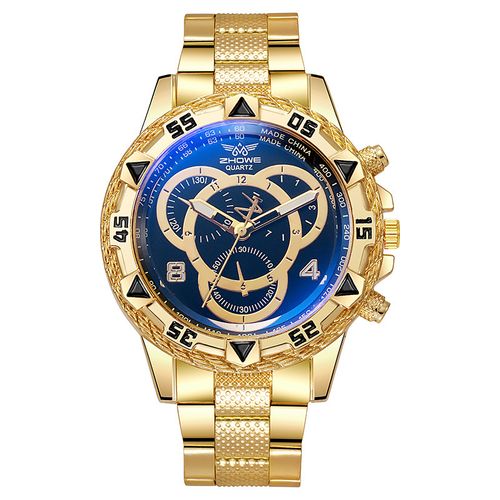 Large-dial three-eye steel strap men's wristwatch with blue light glass (in stock) + feather necklace, bracelet and ring.