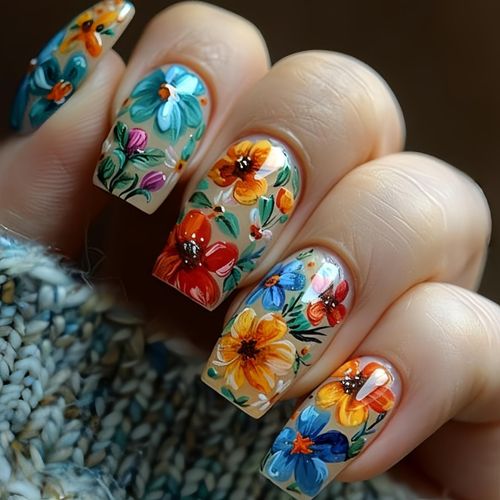 Colorful Flower Square Short Cute Machine Made 24pcs Press on Nails Ballerina Half Handmade Wholesale Acrylic Nails