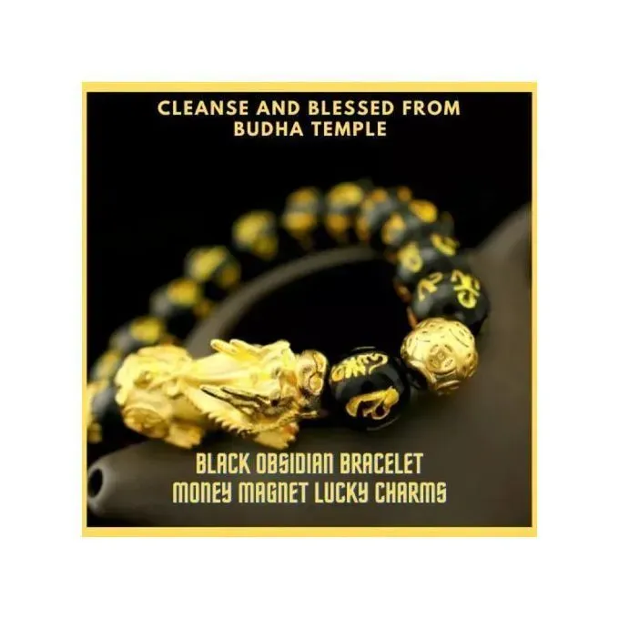 Feng Shui Amulet Wealth Lucky Obsidian Bracelet + Open Adjustable Charms Ring