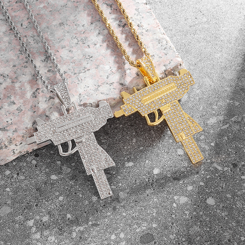 Zircon-Inlaid Uzi Pendant Necklace – Hip-Hop Style for Trendsetters (Gold)