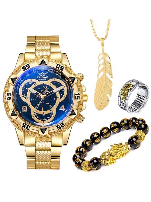 Large-dial three-eye steel strap men's wristwatch with blue light glass (in stock) + feather necklace, bracelet and ring.