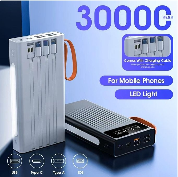 30000mAh Large Capacity | All-in-One Four Cables for Unrestricted Charging, No Need to Carry Extra Cables! 4-in-1 Power Bank with 30000mAh Ultra-long Battery Life