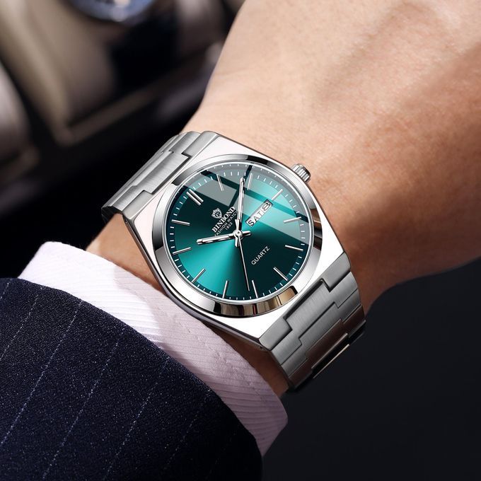 BINBOND B102 Men's Quartz Watch, Green Dial, Stainless Steel Strap, Day & Date Display, Life Waterproof
