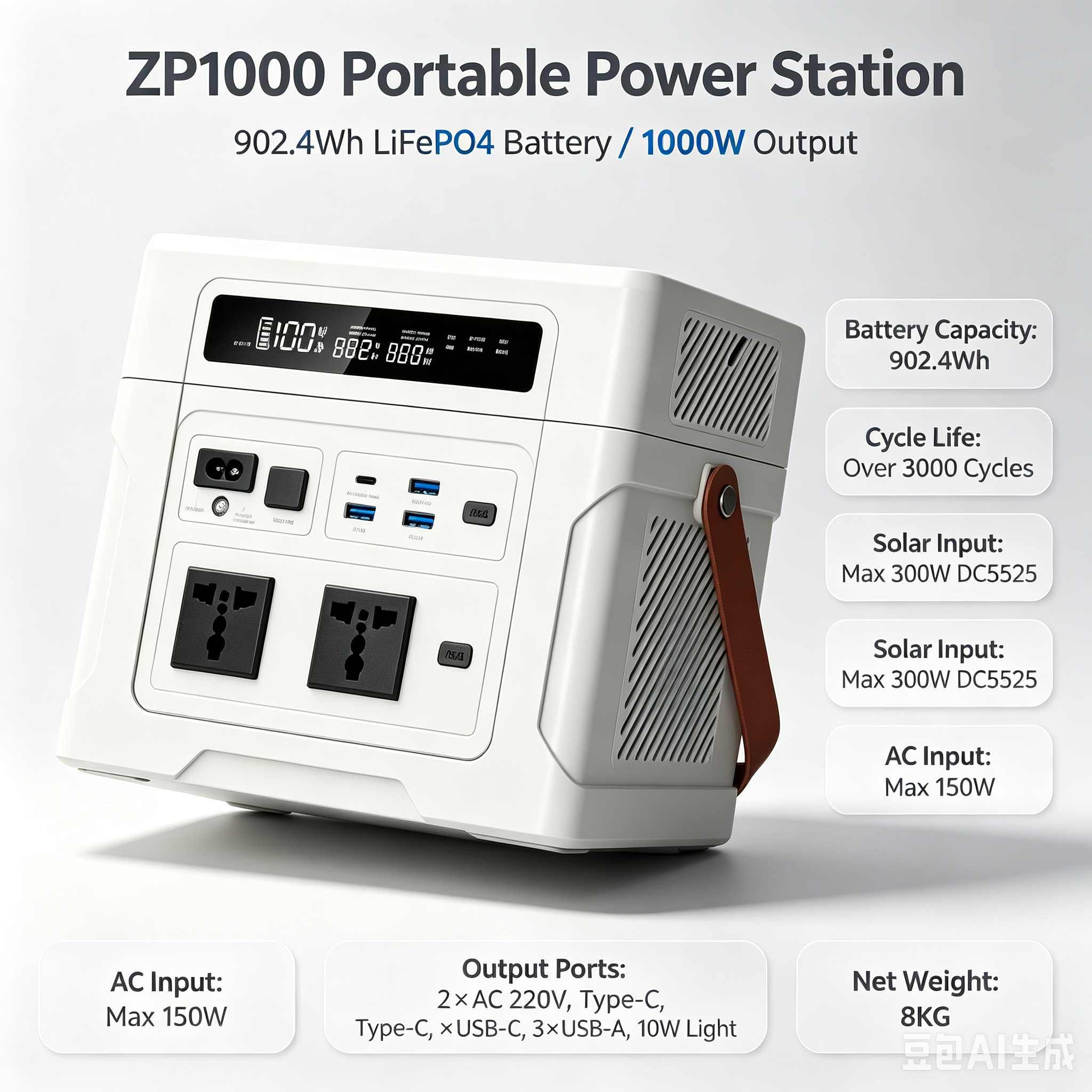 1000W Portable Power Station ZP1000, 902.4Wh LiFePO4 Solar Generator, 220V AC Output, UPS Function, Support Solar Charging & Battery Expansion, Outdoor Emergency Backup Power Supply For Home Camping