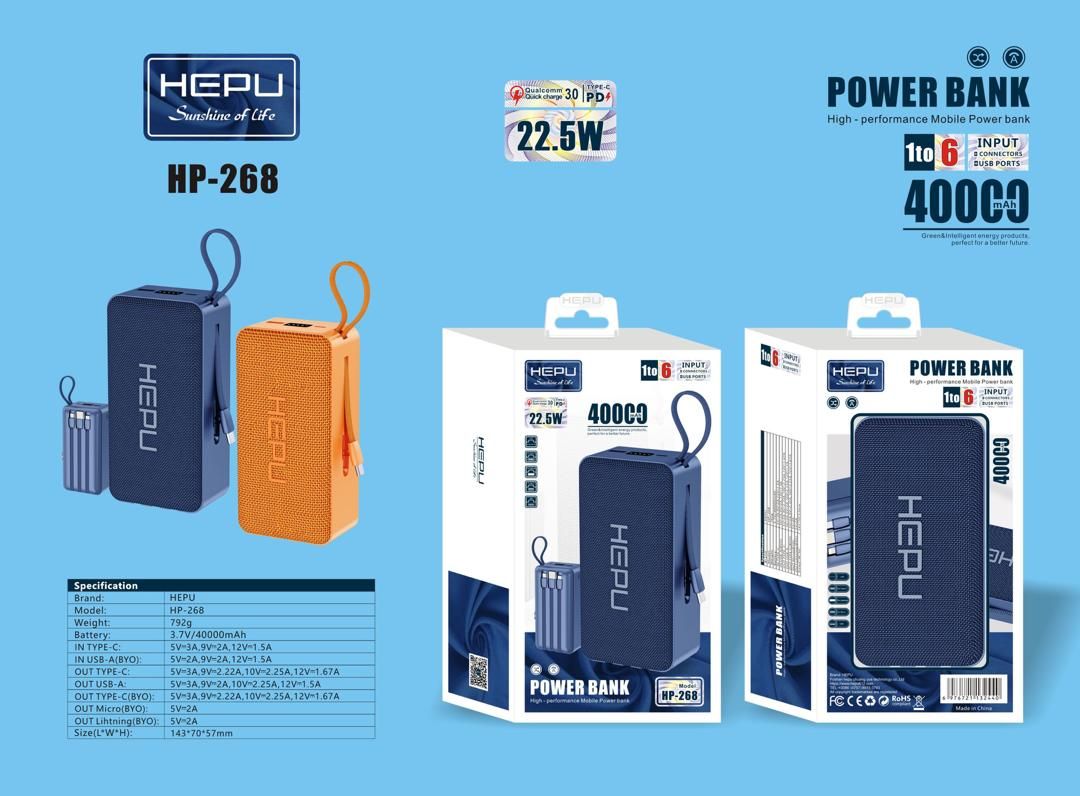 HEPU HP-268 40000mAh 22.5W QC+PD Fast Charging Power Bank, Built-in 6-in-1 All Cables Portable Power Source for Infinix, Tecno, Itel, iPhone & Samsung | Perfect for Nigeria Frequent Power Outage