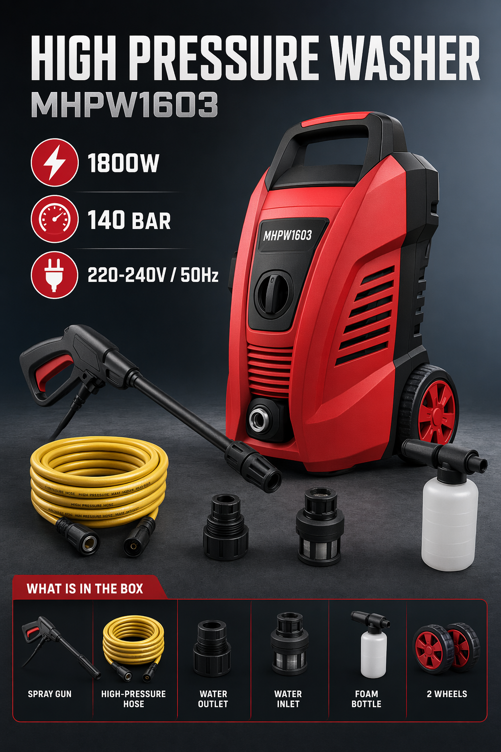 1800W Household High-Pressure Washer: 1 spray gun, 1 high-pressure hose, 1 water outlet connector, 1 water inlet connector, 1 foam pot, 2 wheels