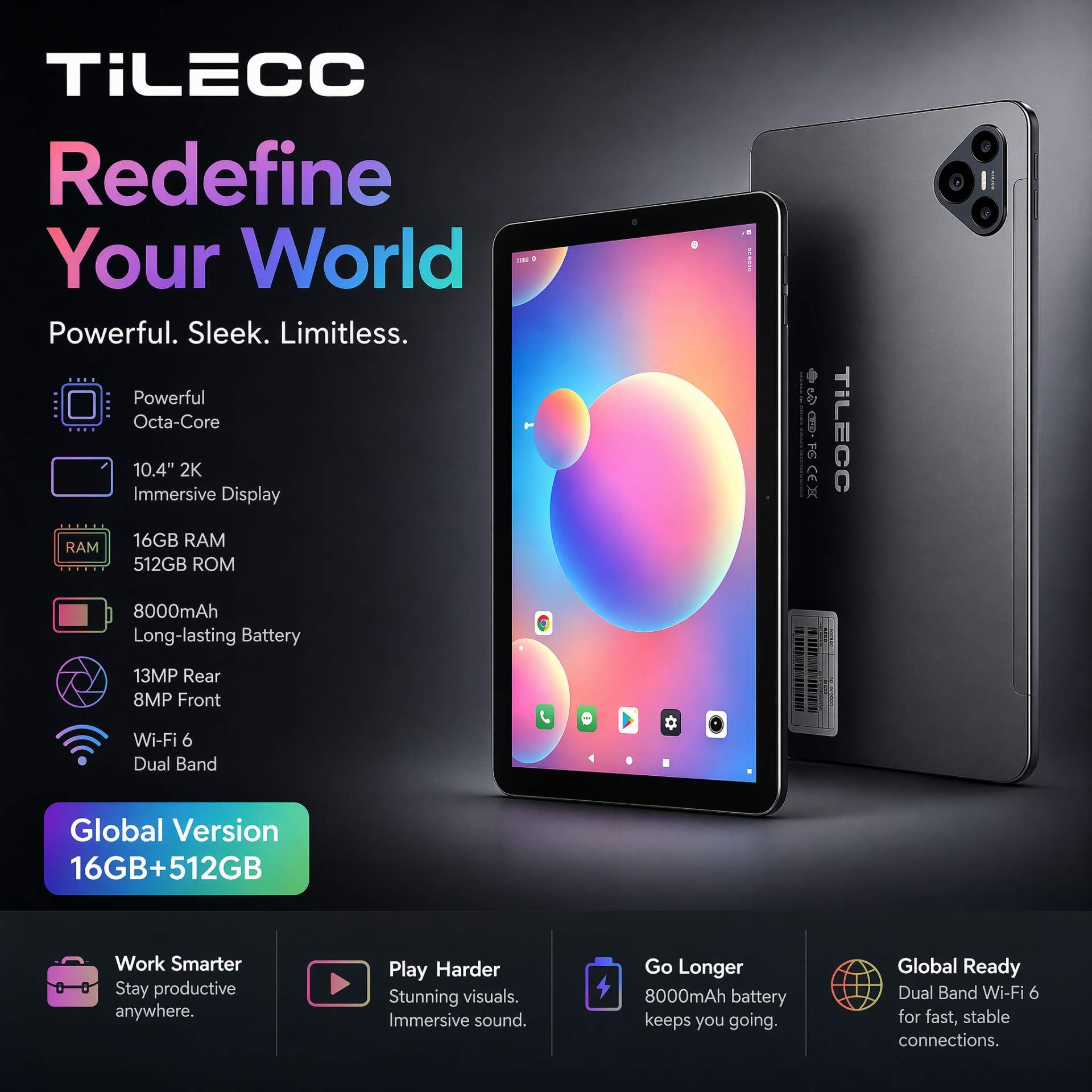TiLECC Tablet 11'' FHD+ Display 16GB+512GB 13MP 8MP Widevine L1 12000 mAh Battery Android