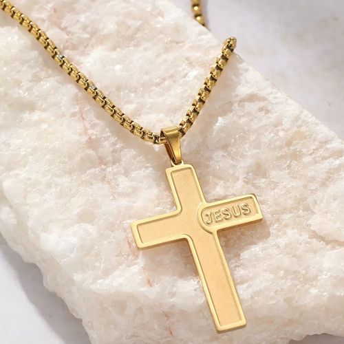Holy Name Of Jesus Engraved Golden Cross Necklace