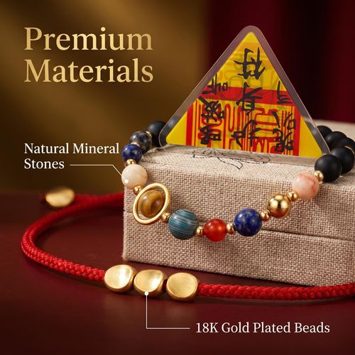 3-Piece Sacred Gift Box: 8 Planets Natural Stone Bracelet, 18K Gold Plated Cinnabar Red String & Blessed Amulet, Bring Fortune & Safety for Men Women