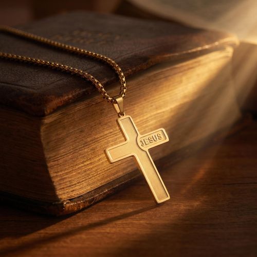 Holy Name Of Jesus Engraved Golden Cross Necklace