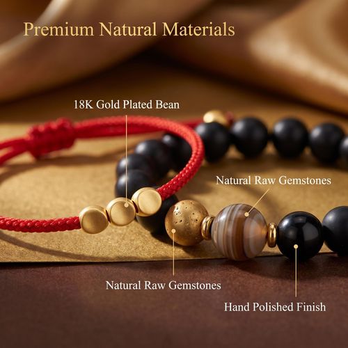 3-Piece Sacred Gift Box: 8 Planets Natural Stone Bracelet, 18K Gold Plated Cinnabar Red String & Blessed Amulet, Bring Fortune & Safety for Men Women