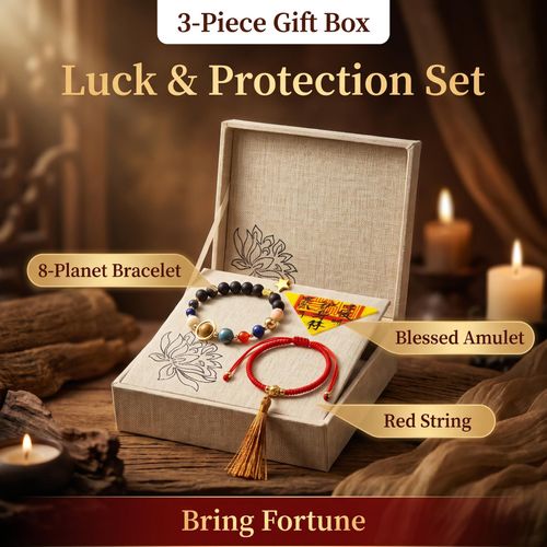 3-Piece Sacred Gift Box: 8 Planets Natural Stone Bracelet, 18K Gold Plated Cinnabar Red String & Blessed Amulet, Bring Fortune & Safety for Men Women
