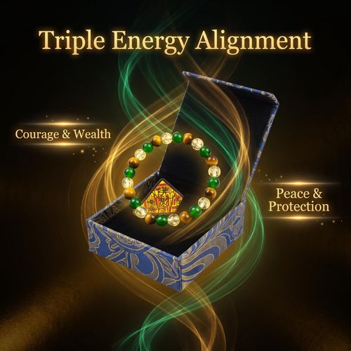2-Piece Sacred Gift Box: Natural Tiger's Eye, Green Agate & Citrine Bracelet + Blessed Amulet, Boost Career & Wealth, Bring Peace for Men & Women