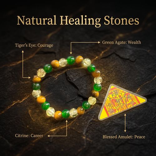 2-Piece Sacred Gift Box: Natural Tiger's Eye, Green Agate & Citrine Bracelet + Blessed Amulet, Boost Career & Wealth, Bring Peace for Men & Women