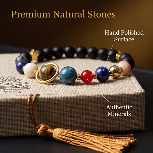 3-Piece Sacred Gift Box: 8 Planets Natural Stone Bracelet, 18K Gold Plated Cinnabar Red String & Blessed Amulet, Bring Fortune & Safety for Men Women