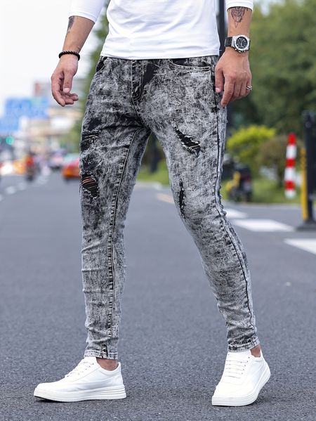 Stretchy Slim Fit Ripped Jeans - Ultra-Comfortable Distressed Denim Pants with Elastic Waistband, Five-Pocket Design, and Fashionable Street Style - Perfect for Casual Daily Wear