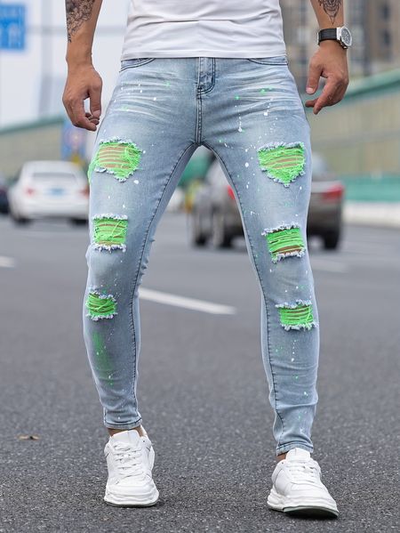Men's Distressed Ripped Skinny Fit Jeans - Versatile Street Style Denim Pants with Artistic Fading, Ripped Knees, and Five-Pocket Design for All Seasons and Occasions