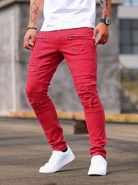 Men's Fashionable Ripped Distressed Slim Fit Jeans - Soft Cotton, Chic Street Style, Versatile for All Seasons, Comfortable Wear
