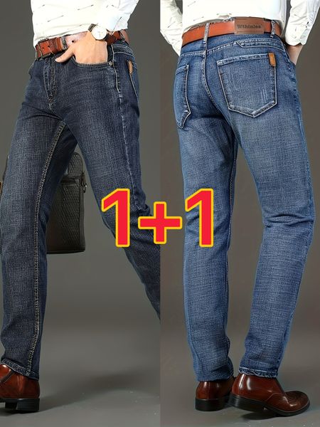 Buy 1 Get 1 Free, total of 2 Pcs Stylish Solid Denim Pants for Men - Comfortable Cotton Blend Jeans with Multiple Pockets for Outdoor Activities, Casual Fashion, and Everyday Wear