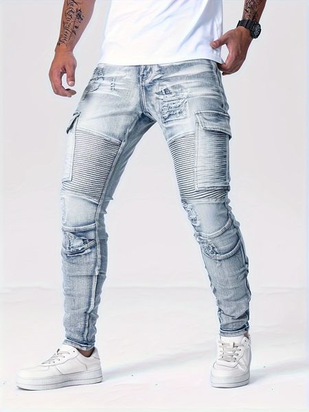 Authentic Vintage Skinny Fit Denim Pants - Stylish Streetwear Jeans with Ripped Knees, Faded Wash, and Comfortable Stretch Fabric for Men - Perfect for Casual Leisure and Daily Wear