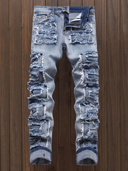 Stylish Ripped Patchwork Jeans for Men - Tassel Accents, Punk-Inspired Blue Denim, Relaxed Fit, Five-Pocket Design, Distressed Details, Fashionable and Edgy Pants for Casual Wear