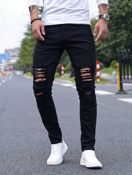 Stretchy Slim Fit Ripped Jeans - Comfortable Men's Casual Street Style Denim Pants with Elastic Waistband, Faded Thighs, and Distressed Hem - Perfect for Daily Wear and Outdoor Activities