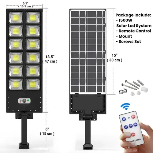⏰1500W Solar Street Lights, Solar Flood Lights Outdoor Dusk to Dawn 6500k LED Solar Pole Light with Remote Control IP67 Waterproof for Parking Lot, Yard, Garage and Garden