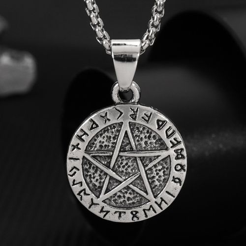 Hot Sale! European & American Style Retro Nordic Viking Five-Star Round Pendant Men's Necklace