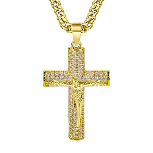 European and American Style Diamond-Inlaid Cross Pendant with Full Diamond Detailing, Hand-Painted & Gold-Plated - Fashionable Wholesale Accessories Jewelry