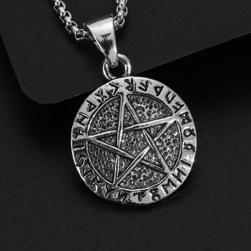 Hot Sale! European & American Style Retro Nordic Viking Five-Star Round Pendant Men's Necklace