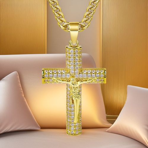 European and American Style Diamond-Inlaid Cross Pendant with Full Diamond Detailing, Hand-Painted & Gold-Plated - Fashionable Wholesale Accessories Jewelry