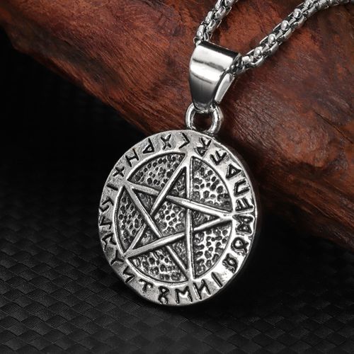 Hot Sale! European & American Style Retro Nordic Viking Five-Star Round Pendant Men's Necklace