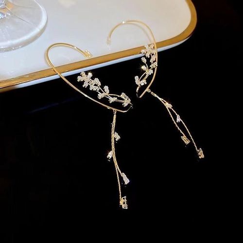 Left Ear Wheat Ear Tassel Clip-On Earrings - Diamond-Inlaid Cartilage Clips, No Piercing Niche Light Luxury Style